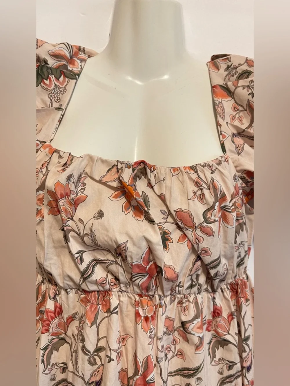 Mi Golondrina Blush Pink Floral Puff-Sleeve Midi Dress Elena crema coral SZ M - Picture 8 of 9